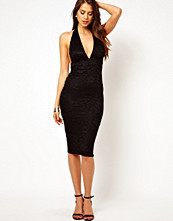 John Zack Midi Dress In Lace With Plunge Neck