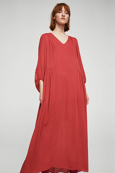Mango röd långklänning med rynkad trekvartsärm