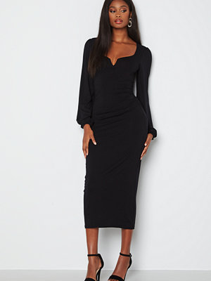 Bubbleroom Square V-neck Puff Sleeve Midi Dress Black