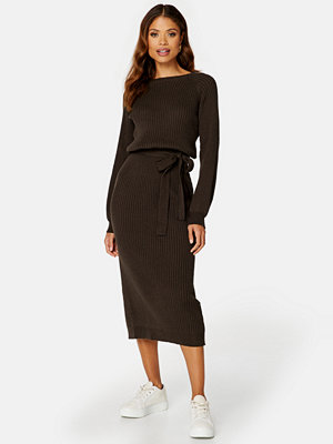 Bubbleroom Round Neck Rib Knitted Midi Dress Brown