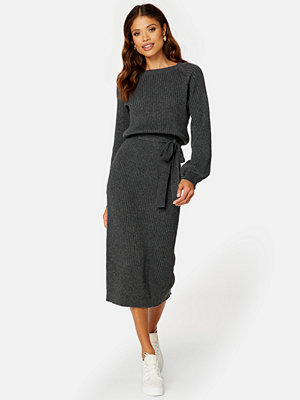 Bubbleroom Round Neck Rib Knitted Midi Dress Dark grey melange