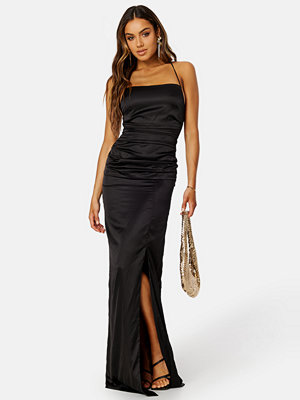 Bubbleroom Occasion Ruched Satin Strap Gown Black