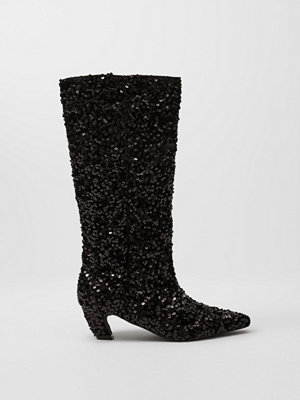 Nelly Curved Under Knee Glitz Boot - Svart