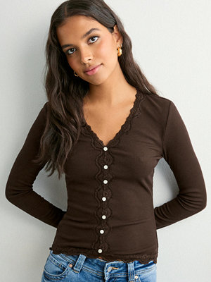 Toppar - Only Onlenea L/S Lace Mix Placket Top Jr - Brun