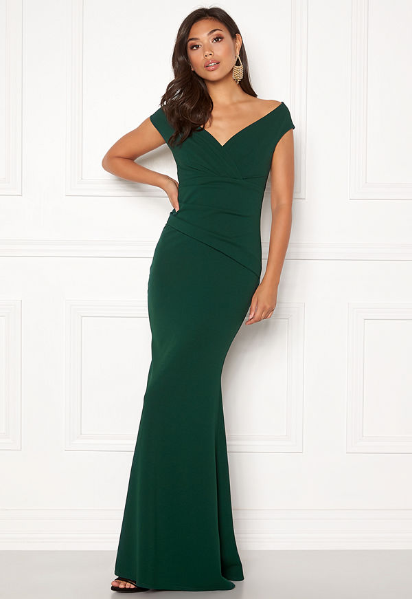 Goddiva Bardot Pleat Maxi Dress Emerald