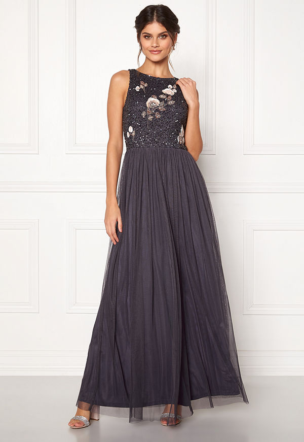 Angeleye Sequin Bodice Maxi Dress Gunmetal