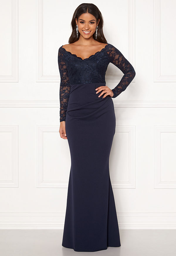Goddiva Lace Trim Maxi Dress Navy
