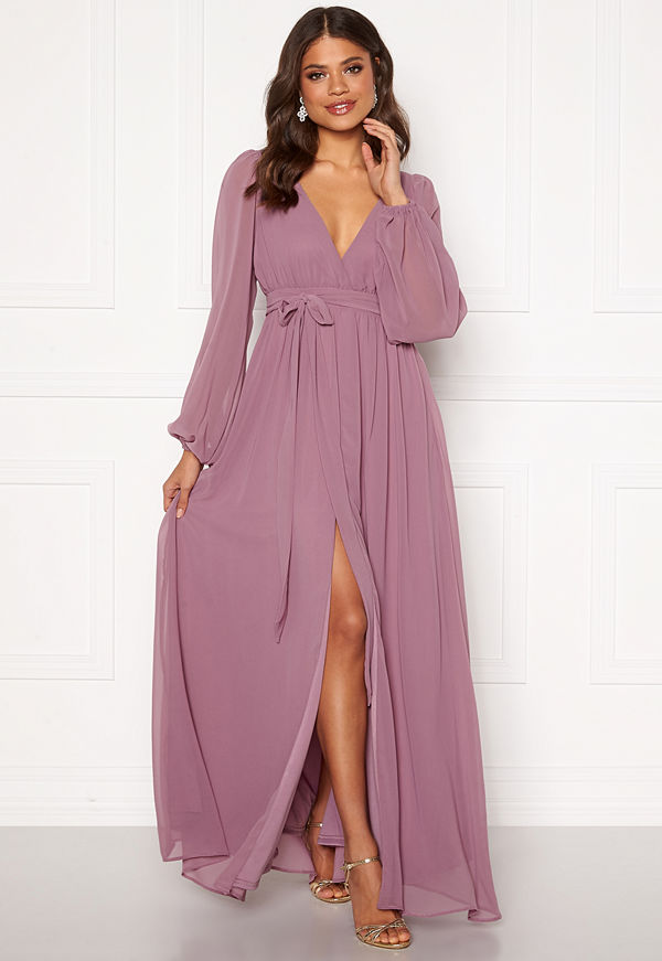 Goddiva Long Sleeve Chiffon Dress Dusty Lavendel