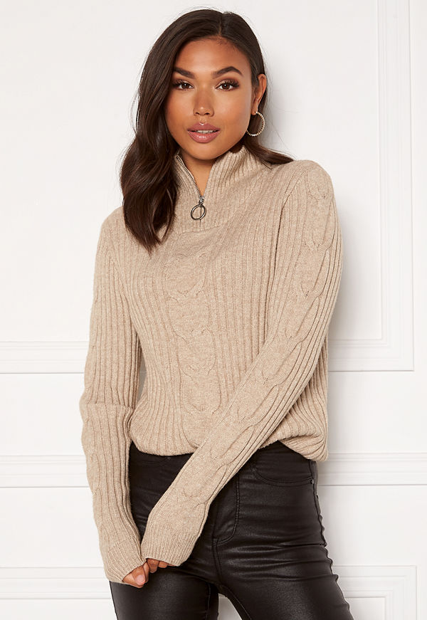 Vila Ril Knit Funnel Zip Neck L/S Top Natural Melange