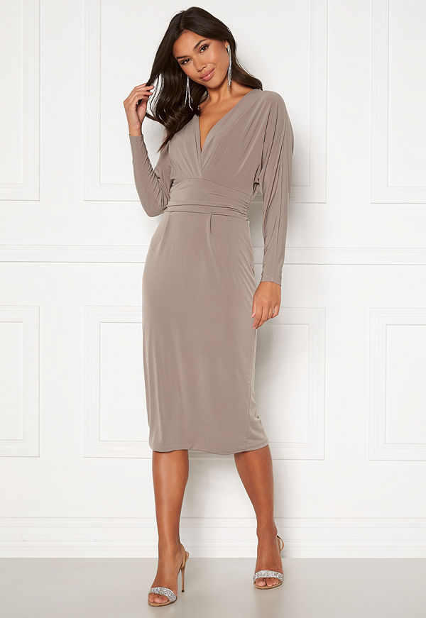 John Zack Deep V Batwing Sleeve Midi Dress Mink