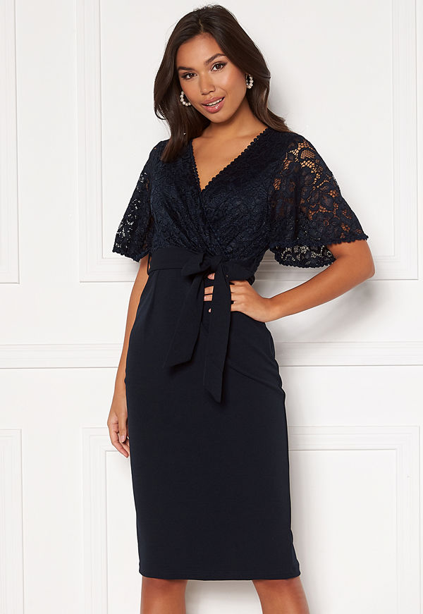 Girl In Mind Reagan Lace Wrap Belted Midi Dress Navy