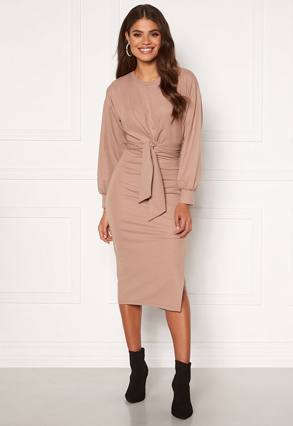 Bubbleroom Tea soft tie puff sleeve dress Nougat
