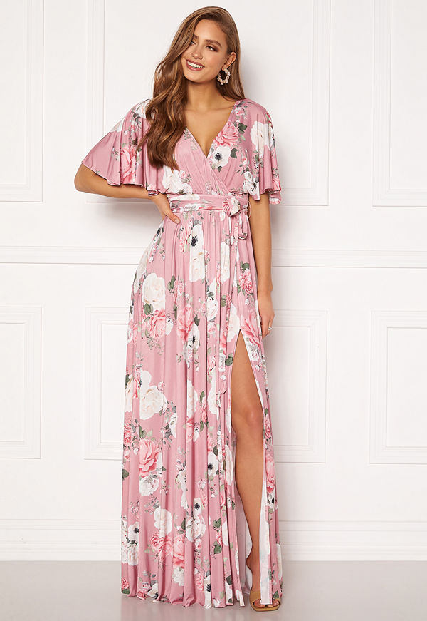 Goddiva Floral Flutter Sleeve Maxi Dress Blush