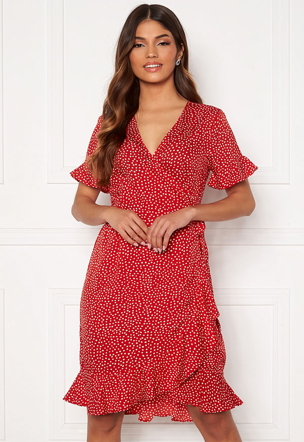 Vero Moda Henna 2/4 Wrap Frill Dress Goji Berry/White Dot