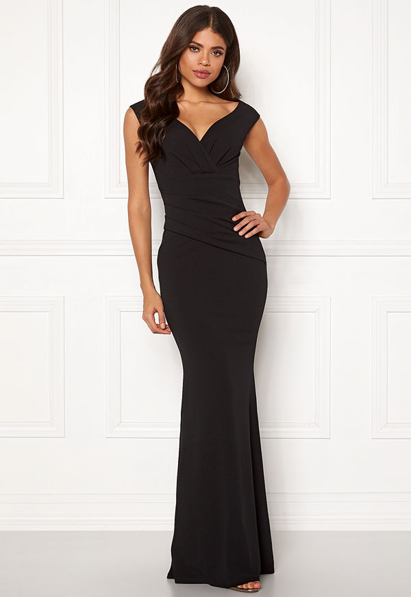 Goddiva Bardot Pleat Maxi Dress Black