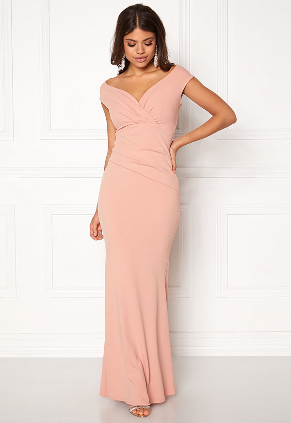 Goddiva Bardot Pleat Maxi Dress Nude