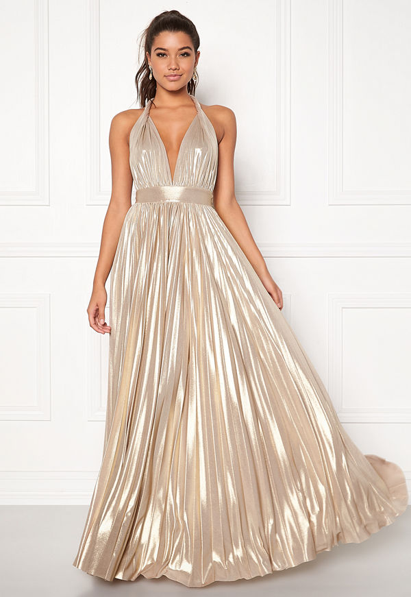 Goddiva Deep V Neck Metallic Dress Gold