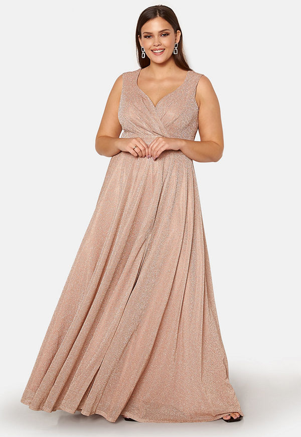 Goddiva Curve Glitter Wrap Front Maxi Curve Dress With Split Nude