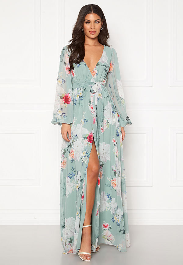 Goddiva Floral Chiffon Maxi Dress Sage Green Floral