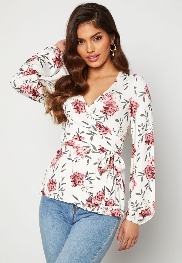 Happy Holly Amanda puff sleeve wrap top White / Floral