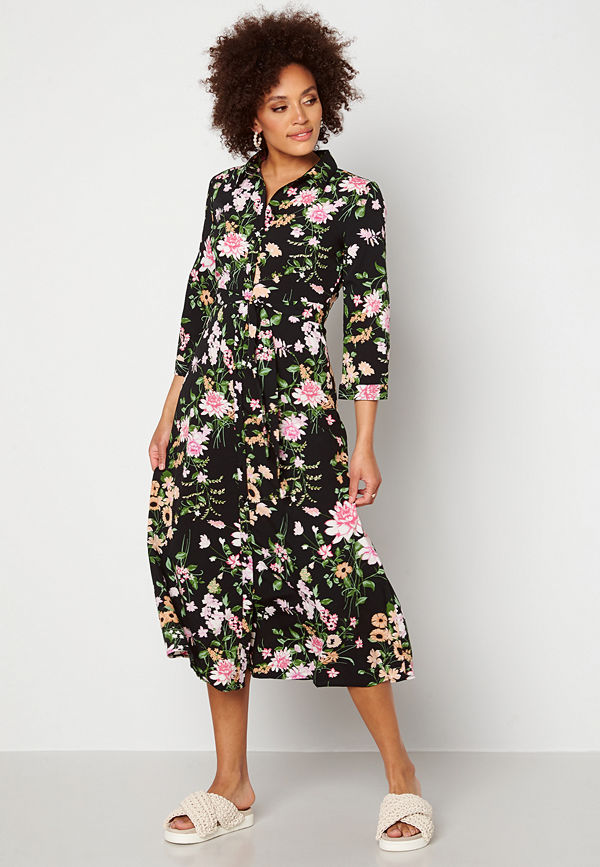 Pieces April 3/4 Ankle Dress Black AOP Flower