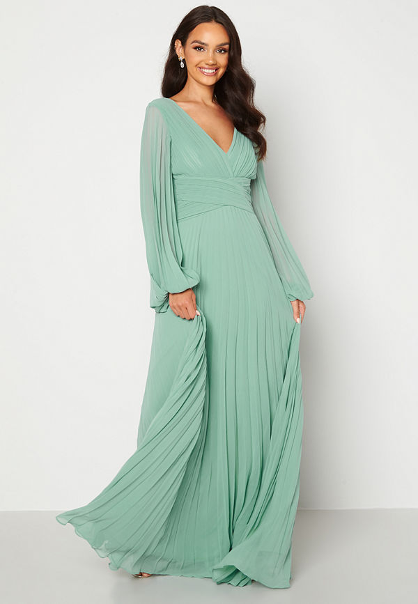 Goddiva Pleated Balloon Sleeve Maxi Dress Sage Green