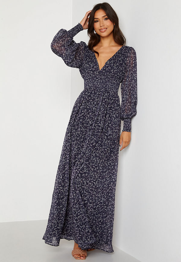 Goddiva Ditsy Long Sleeve Shirred Maxi Dress Navy