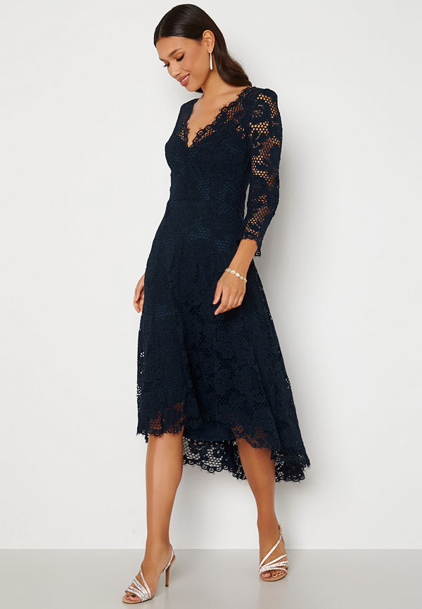 Goddiva Lace High Low Midi Dress Navy