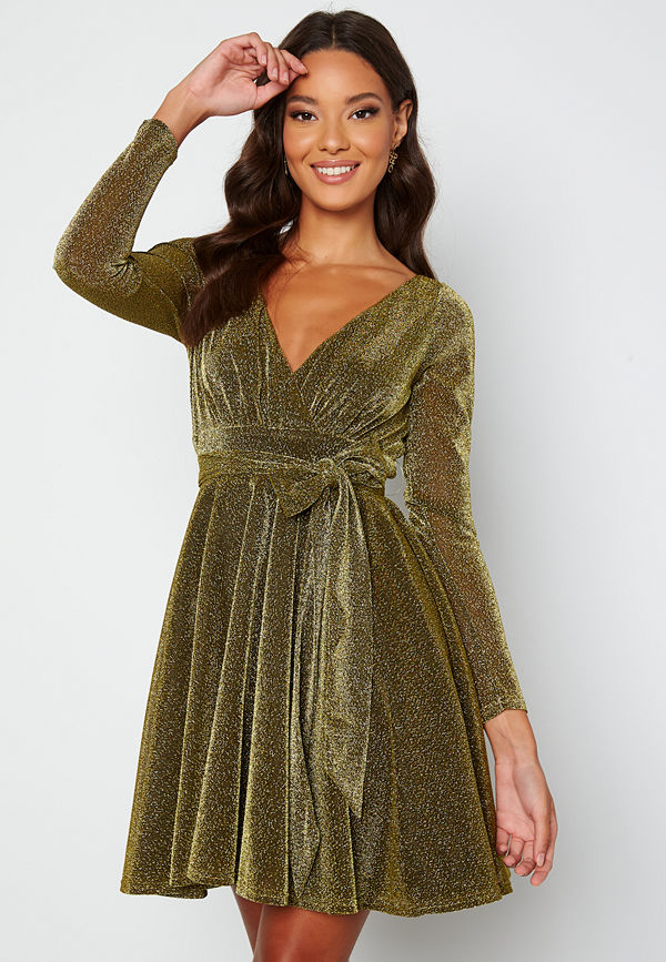 Goddiva Long Sleeve Glitter Skater Dress Gold