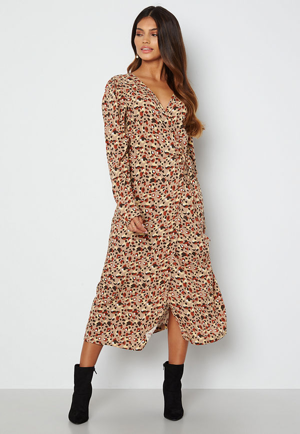 Pieces Carly LS Wrap Midi Dress Silver Mink AOP