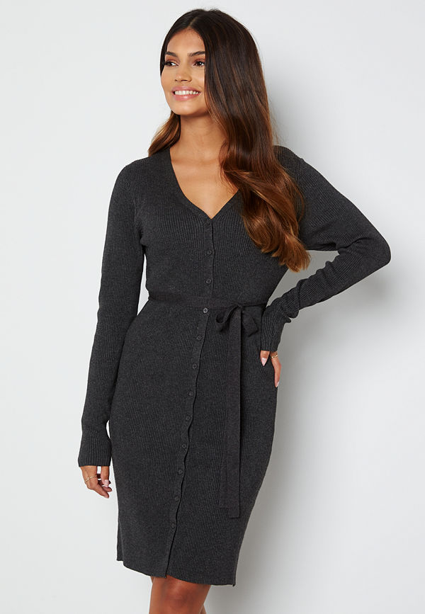 Pieces French LS V-Neck Knit Dress Dark Grey Melange