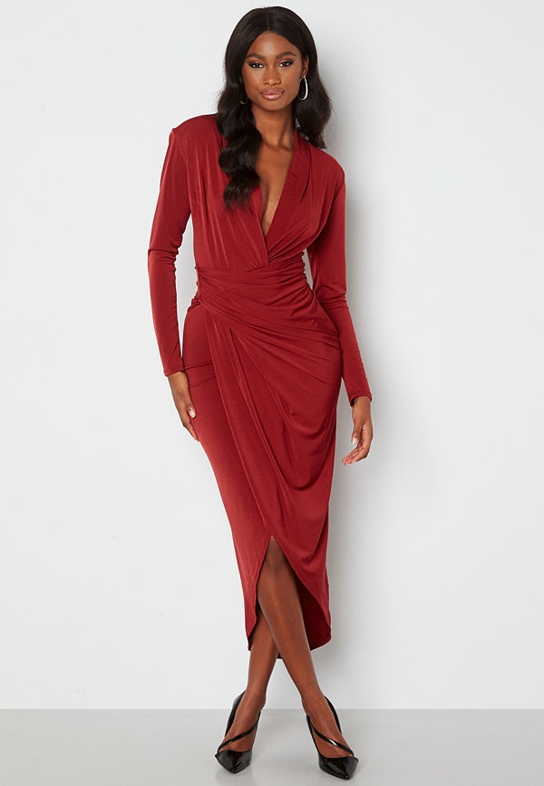 John Zack Long Sleeve Rouch Dress Burgundy