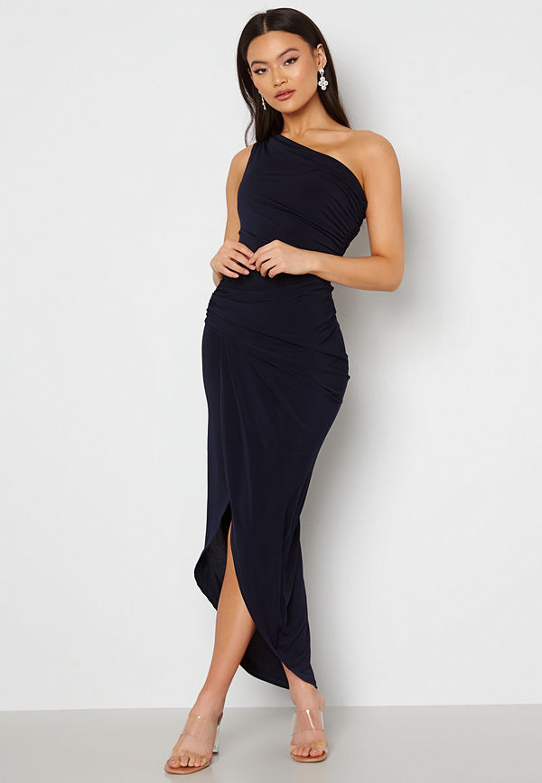 John Zack One Shoulder Rouch Dress Navy