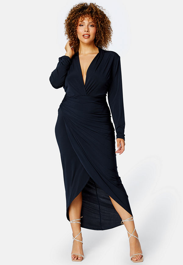 John Zack Curve Long Sleeve Rouch Curve Dress Navy