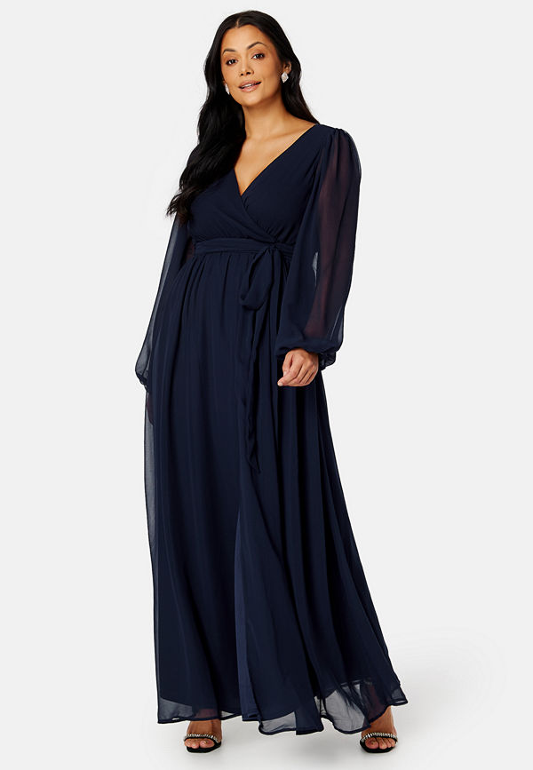 Goddiva Curve Long Sleeve Chiffon Maxi Curve Dress Navy