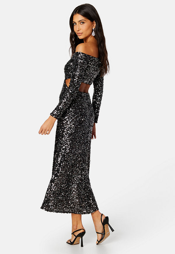 Forever New Farrah Sequin Cut Out Back Dress Black