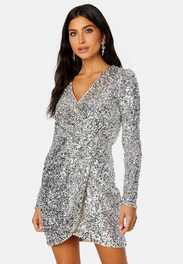 Forever New Jagger Sequin Ruched Mini Dress Silver