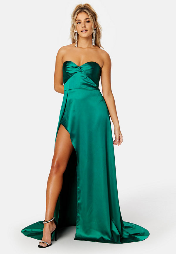 Elle Zeitoune Magnolia Satin High Slit Dress Emerald Green
