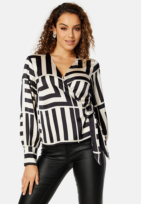 Object Collectors Item Sateen AOP L/S Wrap Top Black AOP:Sandshell