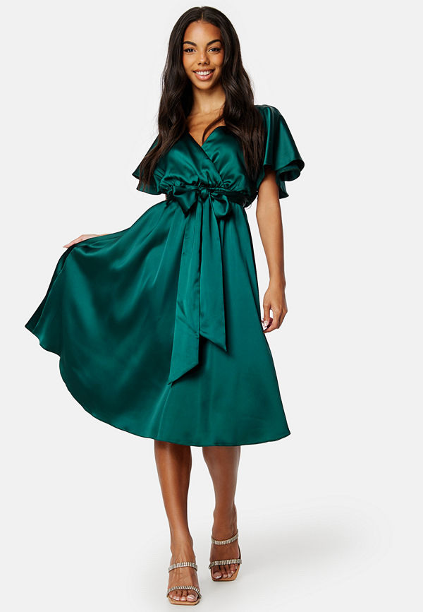 Goddiva Flutter Sleeve Satin Midi Dress Green