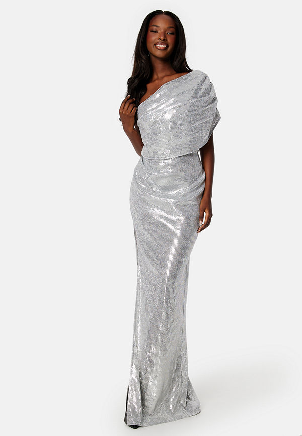 Elle Zeitoune Luna Sequin One Shoulder Dress Silver