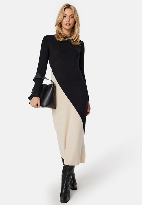 Object Collectors Item Objester Block Knit Dress Black Detail:Cb Sand