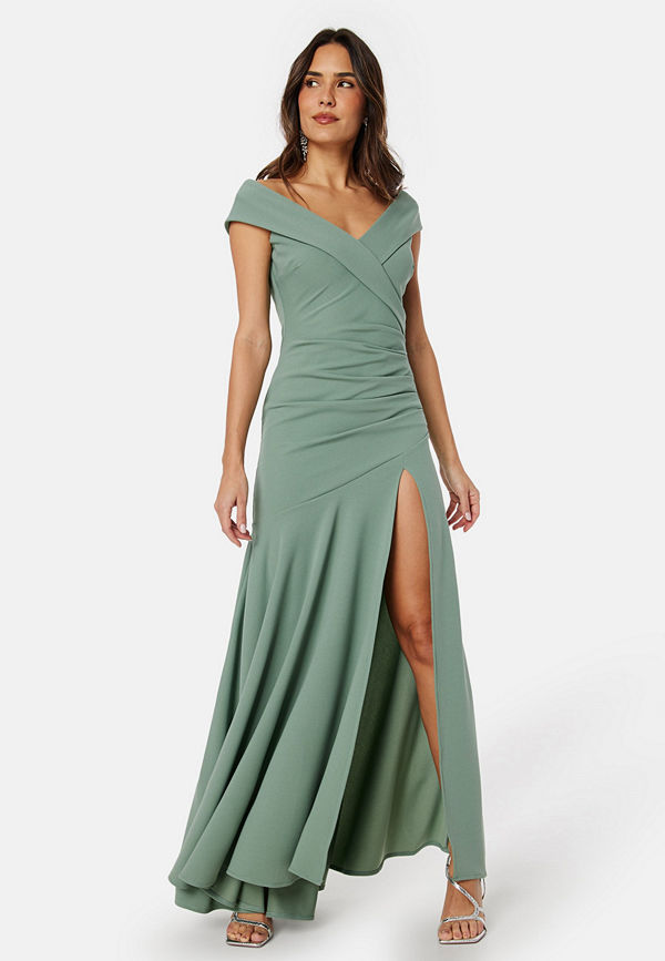 Goddiva Bardot Pleat Maxi Split Dress Light green