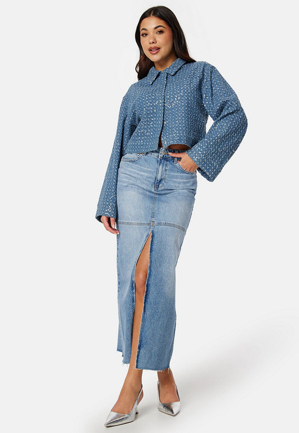 Bubbleroom Denim Slit Midi Skirt Medium blue