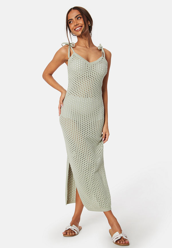 Bubbleroom Crochet Knitted Tie Strap Dress Dusty green