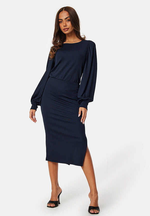 Bubbleroom Balloon Sleeve Rib Dress Navy