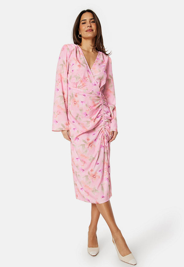 Bubbleroom Occasion Drawstring L/S Midi Dress Pink/Floral