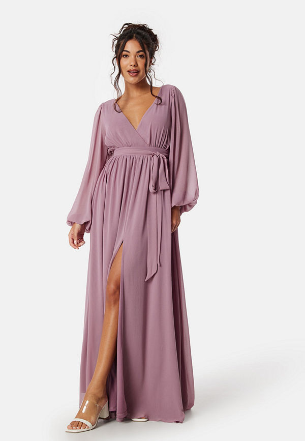 Goddiva Long Sleeve Chiffon Dress Dusty Lavendel
