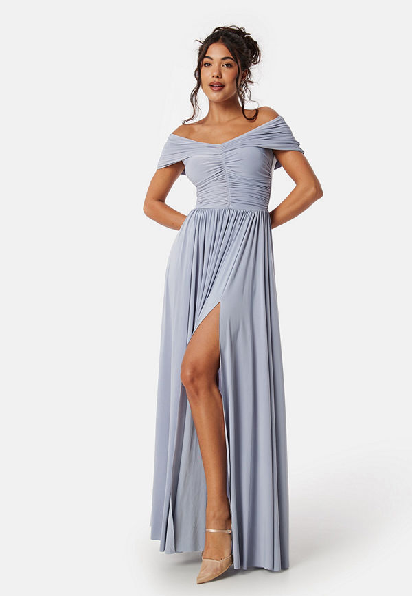 Goddiva Bardot Rouched Maxi Split Dress Light blue