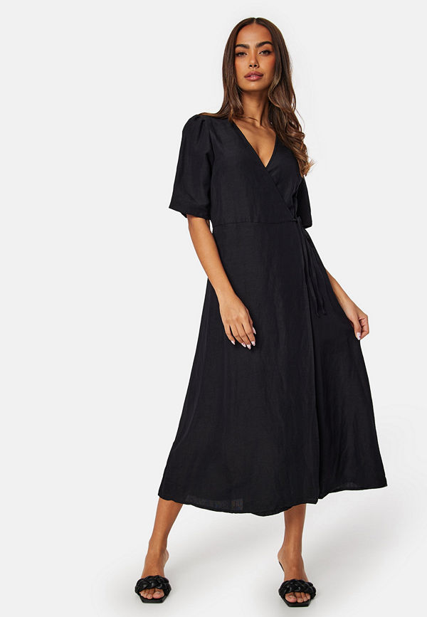 Bubbleroom Linen Blend Wrap Dress Black